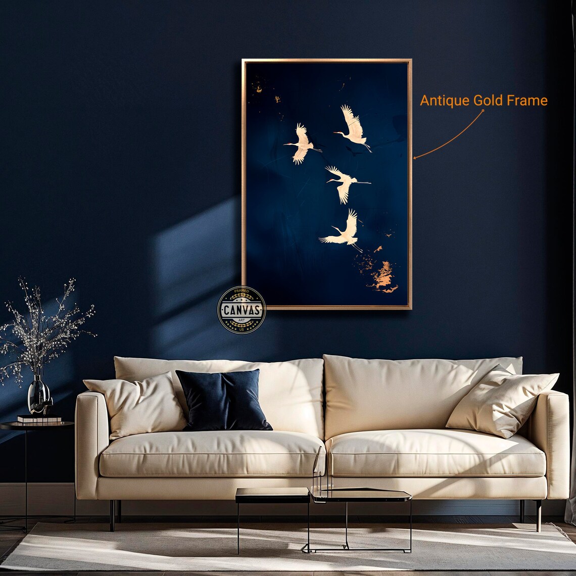 Elegant Gold Cranes Art Print, Dark Blue Background - Image 5