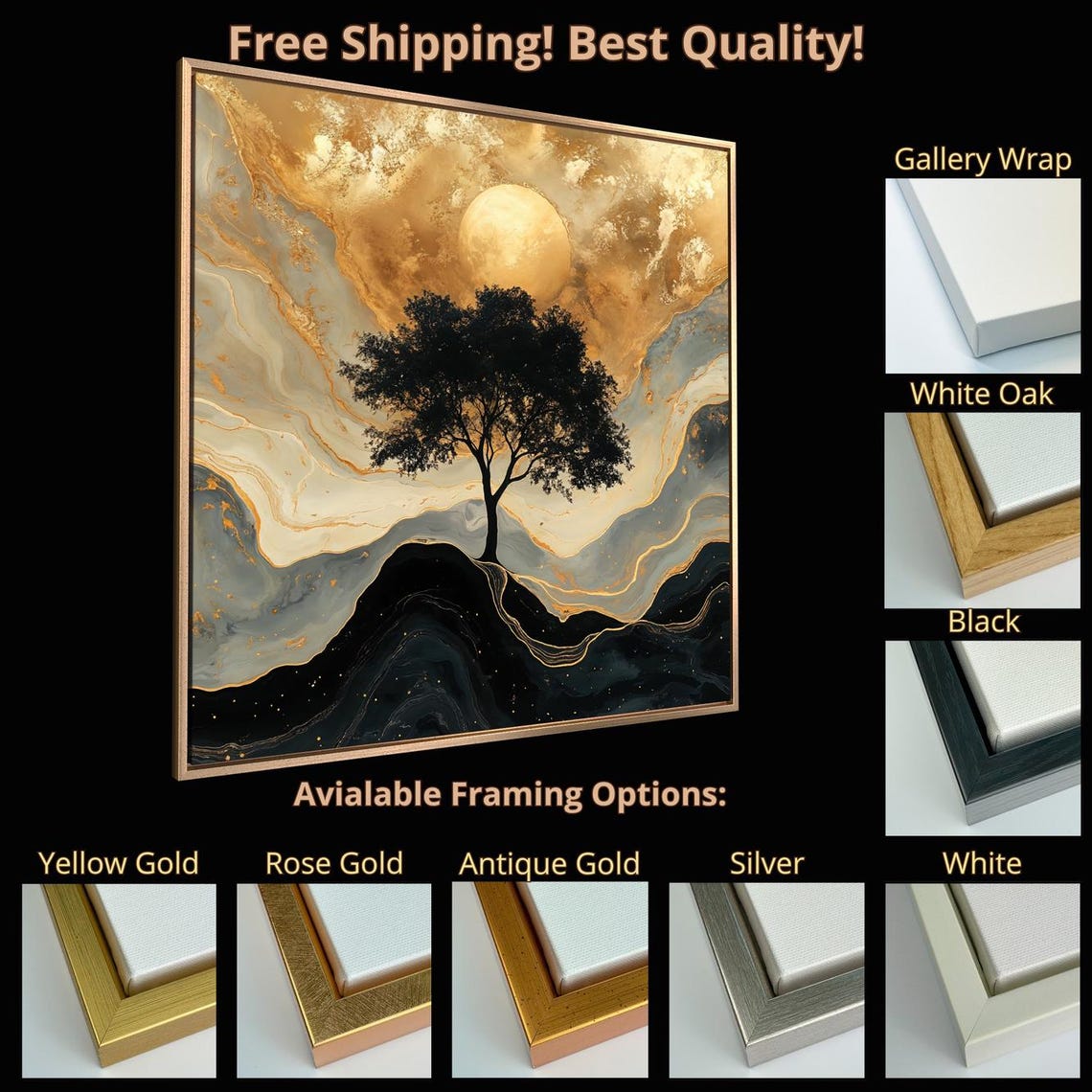 Black Tree Silhouette Golden Moon Surreal Marble Sky Wall Poster - Image 5