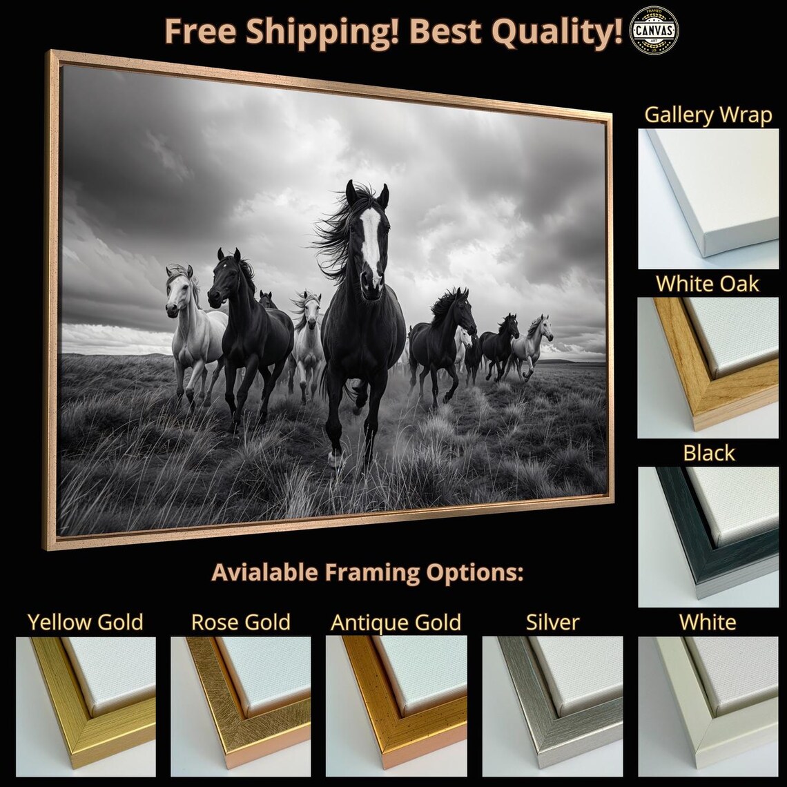 Wild Horses Galloping, Black and White Art Print - Image 4