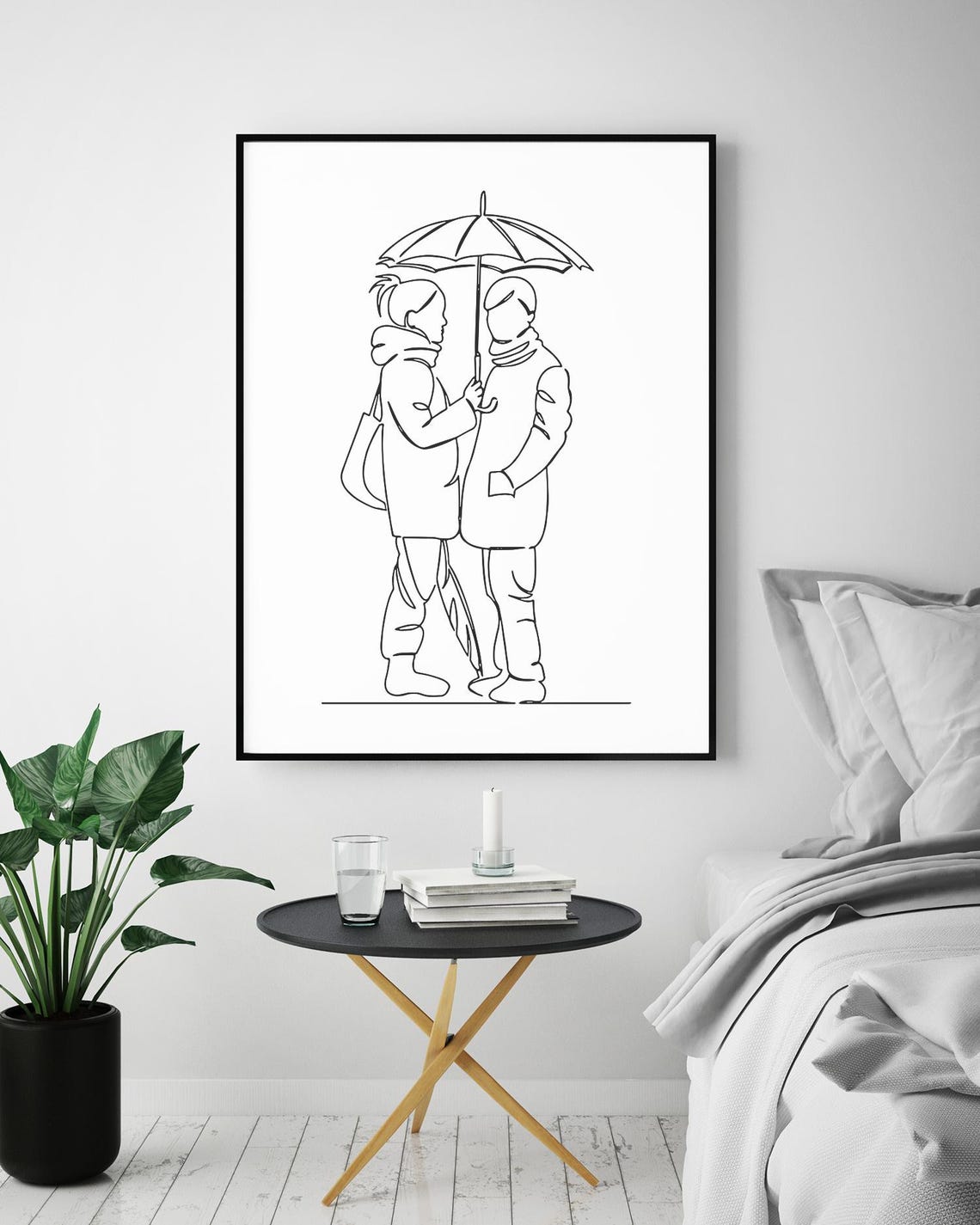 Romantic Couple Under Umbrella Rainy Day Line Art Love Poster - Image 5
