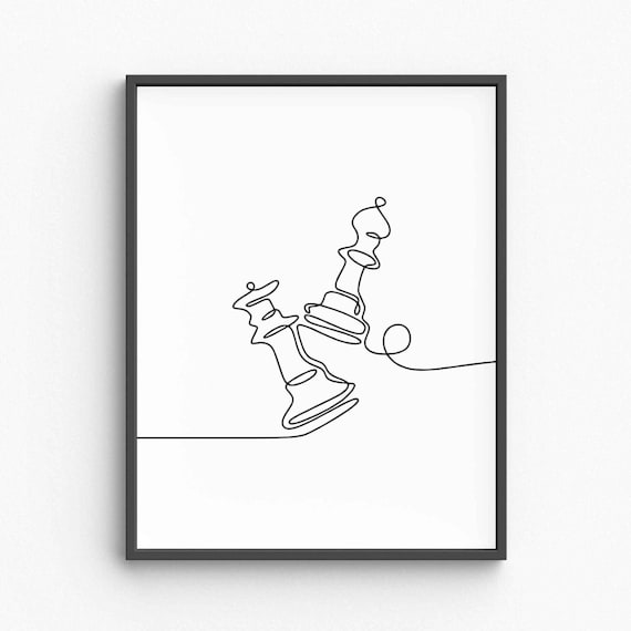 Minimalist Checkmate Line Art Chess King Defeat Sketch Strategy Game Illustration Modern Mind Decor Wall