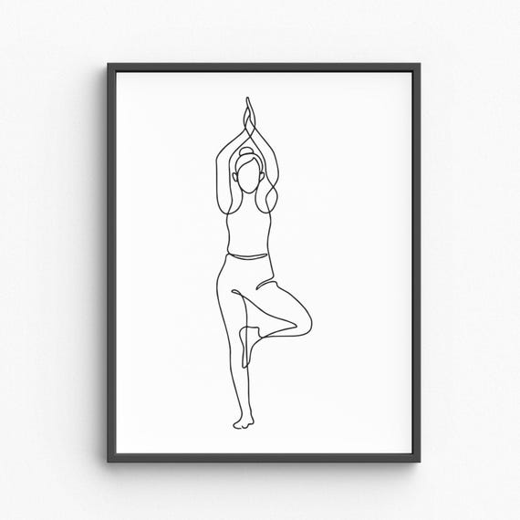 Minimalist Yoga Woman Line Art Standing Pose Drawing Hands Together Illustration Black White Zen Print Decor