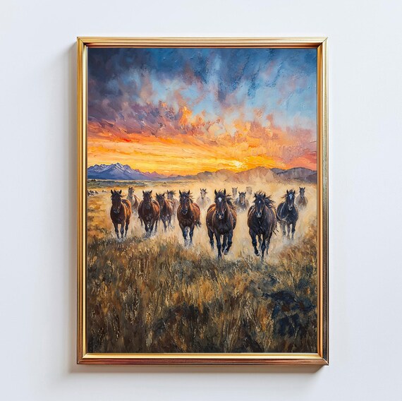 Wild Horses Galloping at Sunset Golden Grassland Western Art Poster