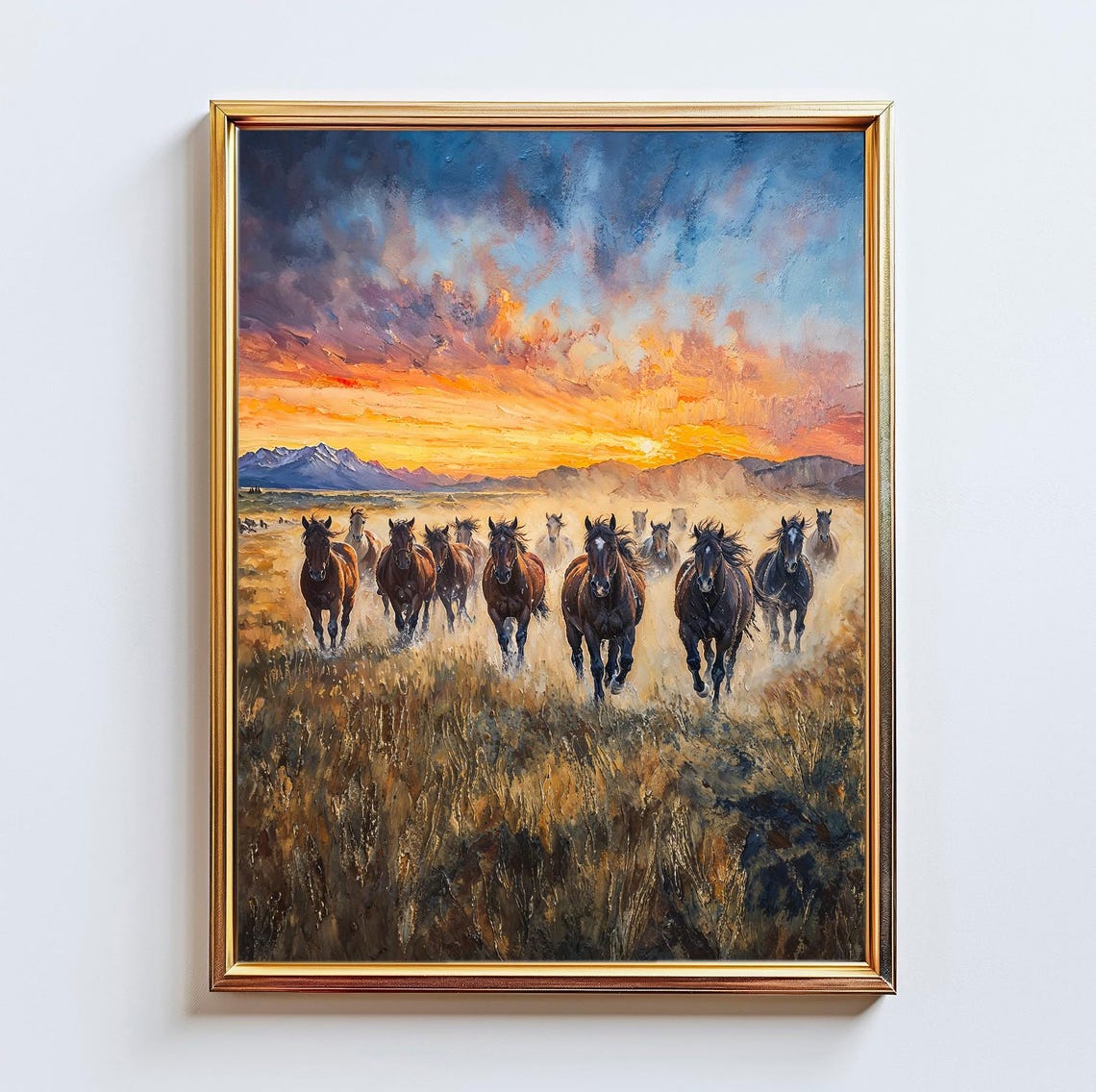 Wild Horses Galloping at Sunset Golden Grassland Western Art Poster