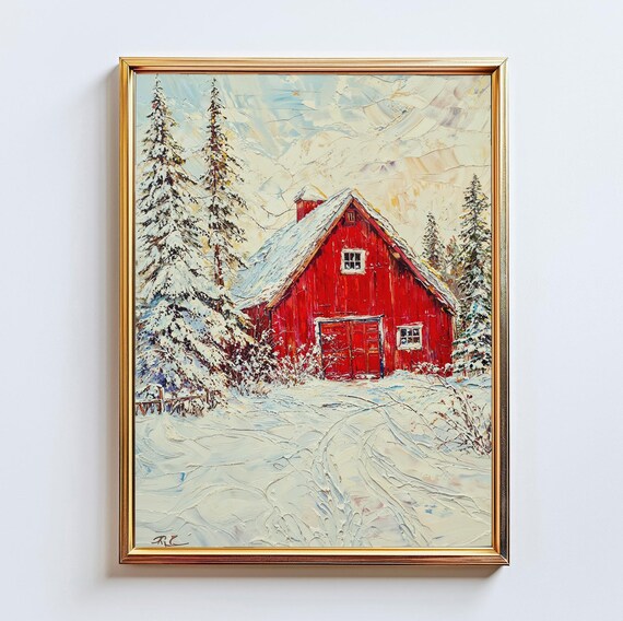 Red Barn In Snow Among Pine Trees Winter Impasto Oil Painting Print
