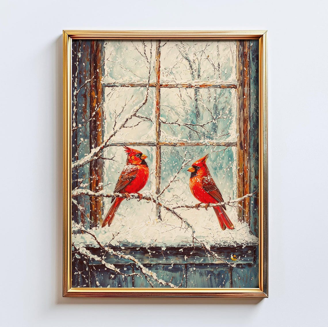 Red Cardinals Winter Snow Branch Vintage Impressionist Oil Poster