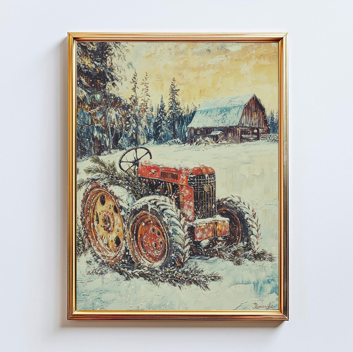 Vintage Red Tractor In Snow By Wooden Barn Winter Oil Painting Print