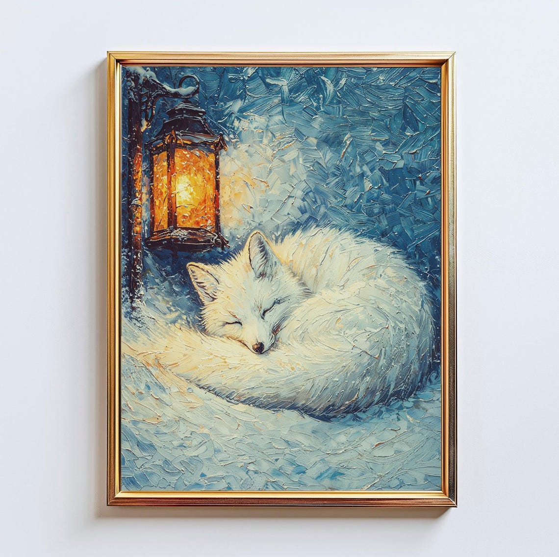 Sleeping Arctic Fox Under Lantern Snowy Night Impasto Art Poster