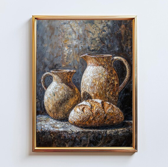 Peruvian Andean Pottery Still Life Rustic Bread Clay Jugs Impasto Painting