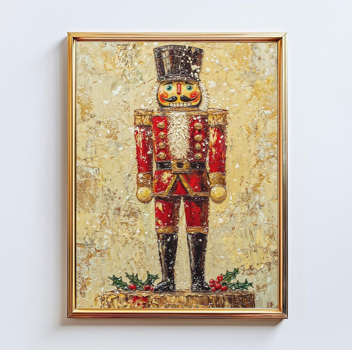 Vintage Nutcracker Soldier Christmas Impasto Oil Painting Holiday Poster
