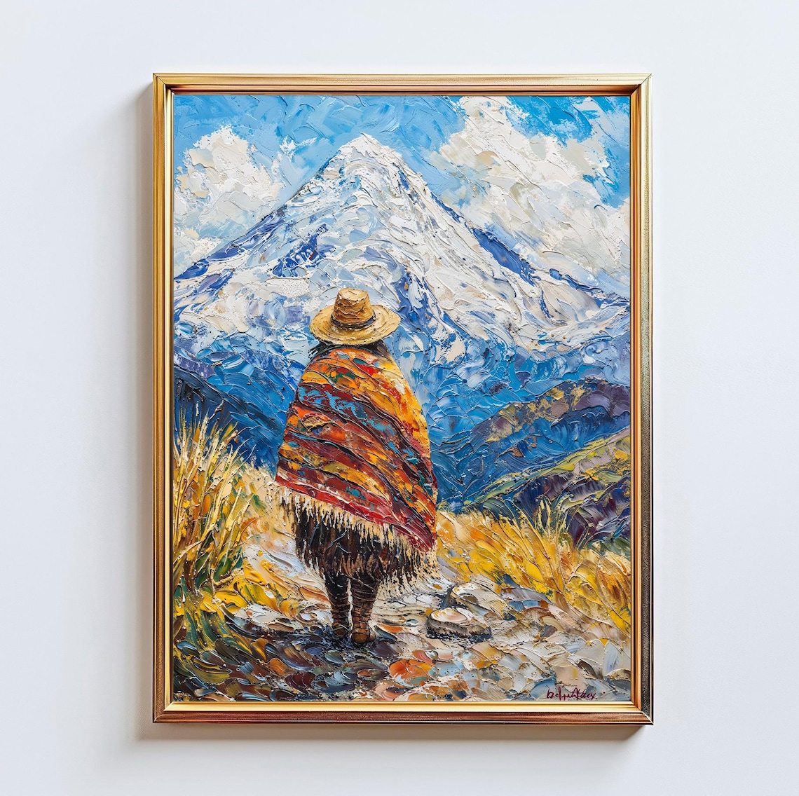 Poncho Traveler Snowy Mountain Vista Impasto Oil Art Peak Poster