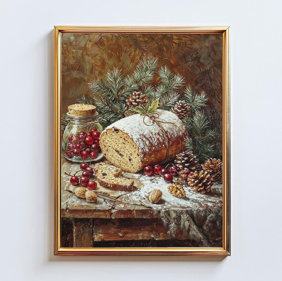 Vintage Christmas Stollen Cherries Pinecones Walnut Holiday Art Poster