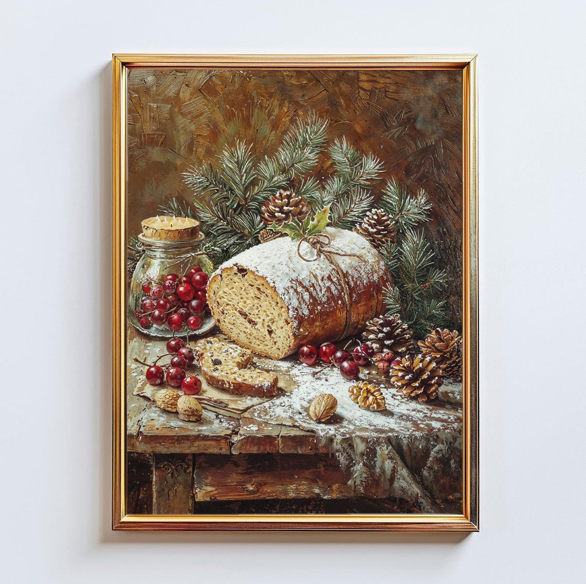 Vintage Christmas Stollen Cherries Pinecones Walnut Holiday Art Poster