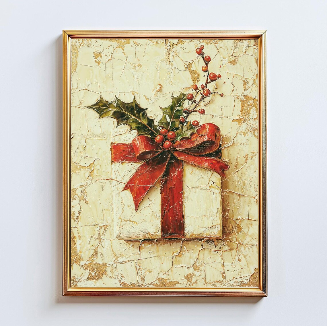 Vintage Christmas Gift Box Holly Red Ribbon Impasto Painting Poster