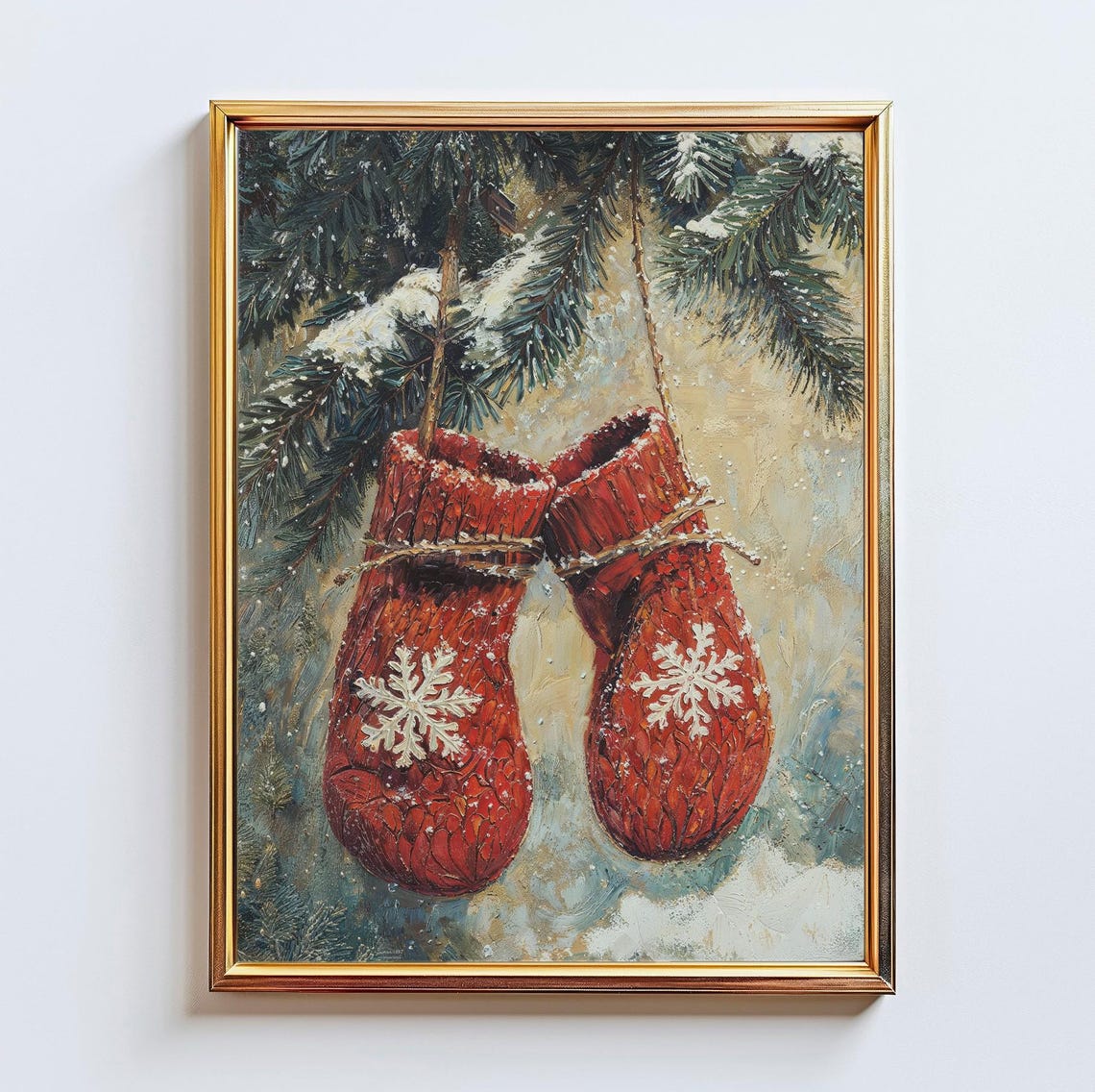 Red Knit Mittens Snowflake Pine Branch Christmas Winter Poster