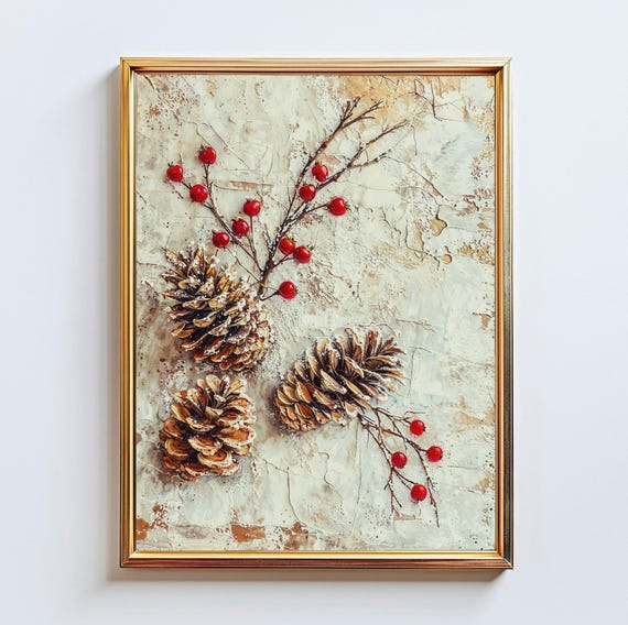 Pinecones And Red Berries Winter Botanical Still Life