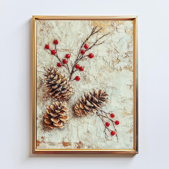 Winter Pinecones Red Berries Rustic Christmas Botanical Poster