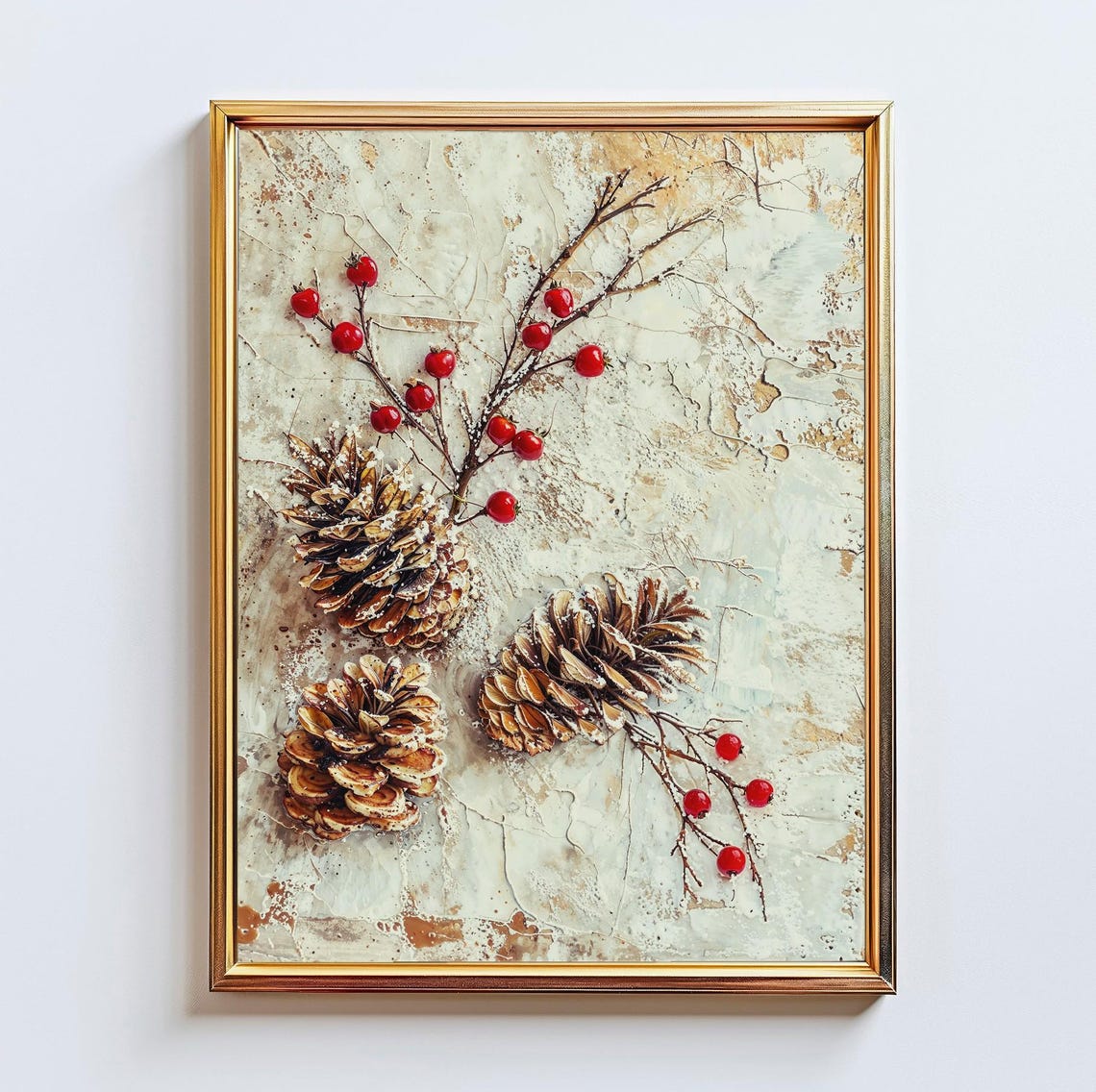 Pinecones And Red Berries Winter Botanical Still Life