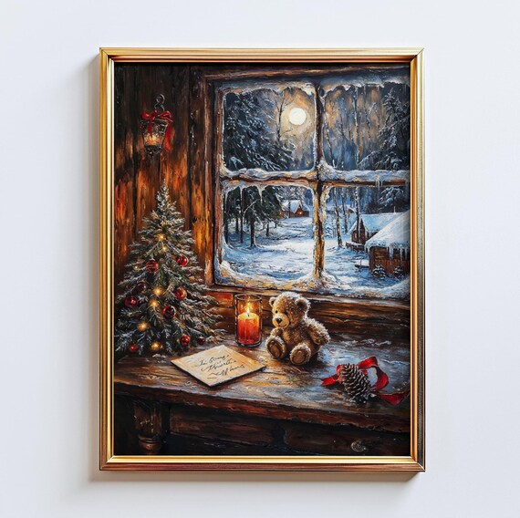 Christmas Cabin Window Teddy Bear Candle Moonlit Snow Scene Art Poster