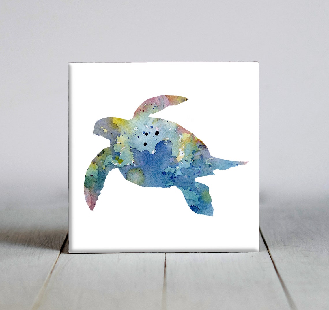 Green Sea Turtle Watercolor Ocean Wildlife Decorative Tile Art Poster - Image 3