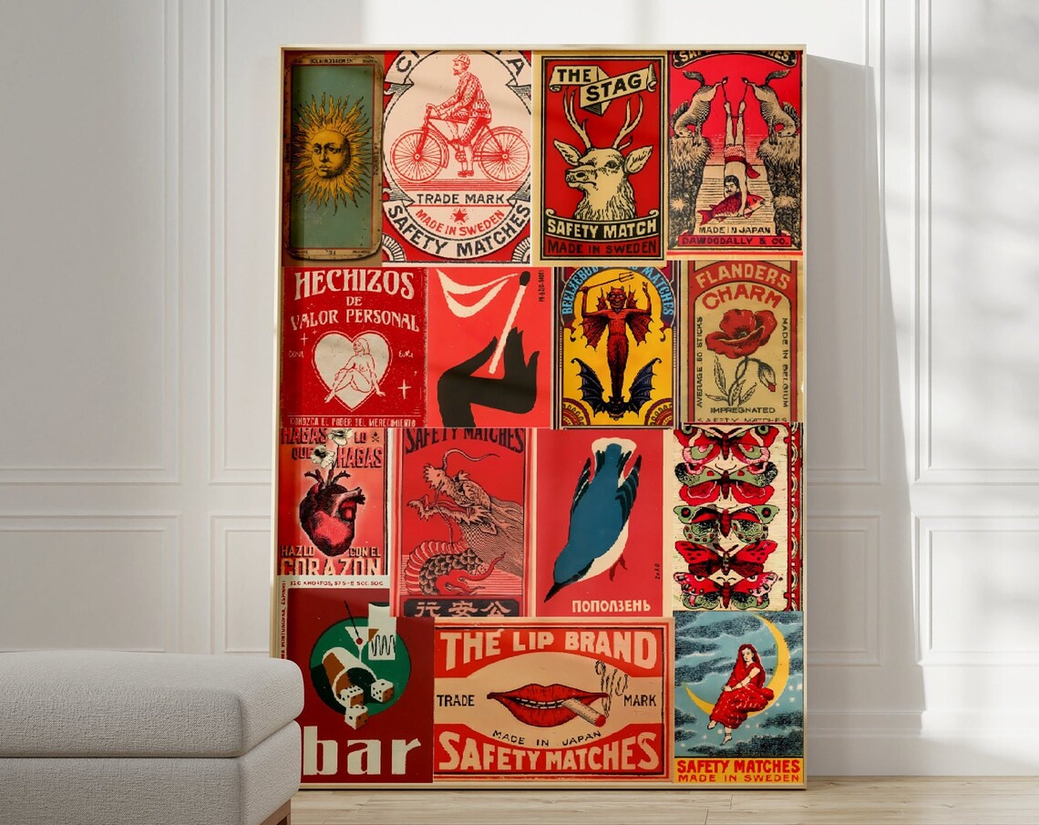 Vintage Matchbox Collage, Japanese Retro Poster