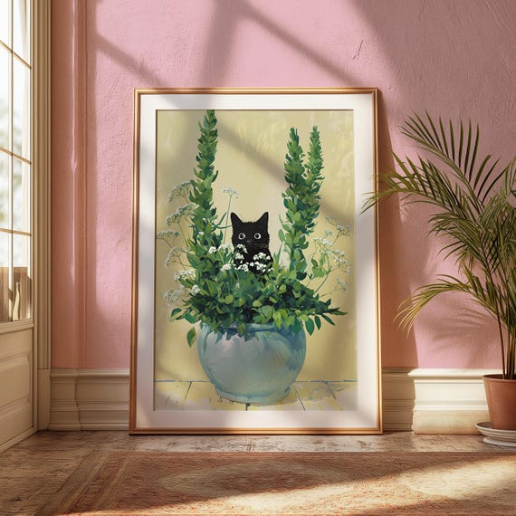 Black Cat And House Plant Poster Boho Botanical Print Cloakroom Wall Art Lounge Gallery Decor Animal Illustration Themed Gifts