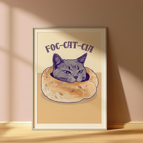 Foc Cat Cia Funny Grey Cat in Focaccia Bread Pun Kitchen Poster