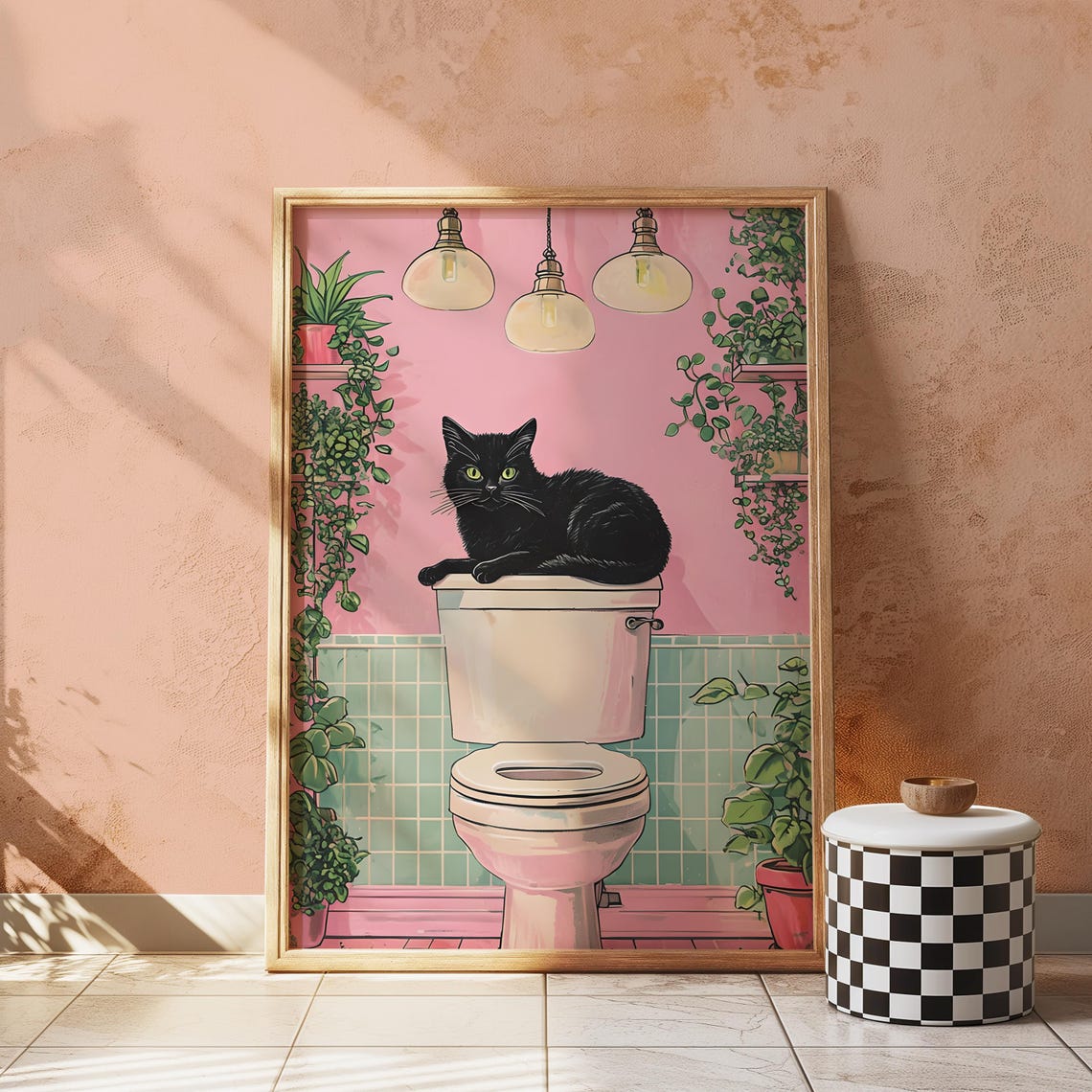 Black Cat On The Toilet Vintage Bathroom Art Print