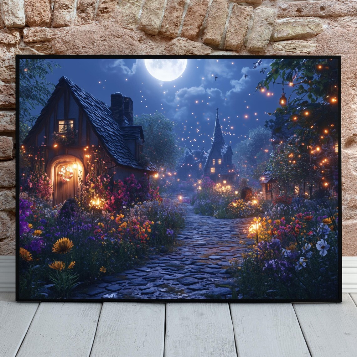 Full Moon Fairy Cottage Floral Garden Night Village Pathway Poster