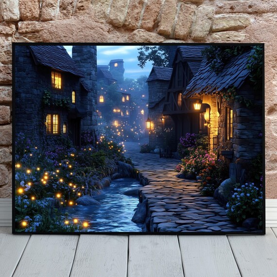 Village Stream Cobblestone Path Night Glowing Cottages Fireflies Poster