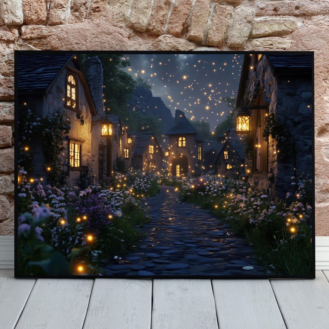 Firefly Lit Village Street Night Stone Houses Glowing Lanterns Poster