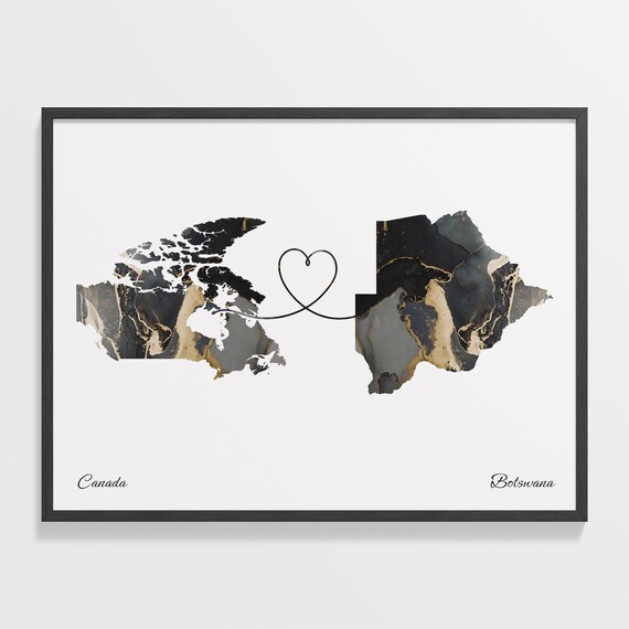 Canada Botswana Long Distance Love Black Marble Heart Map Poster