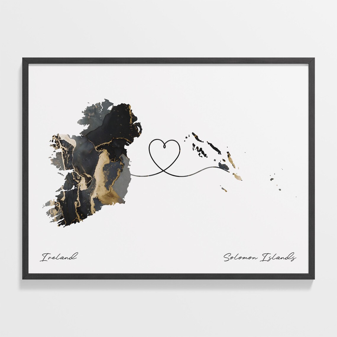 Ireland and Solomon Islands Black and Gold Marble Two Countries Map Poster
