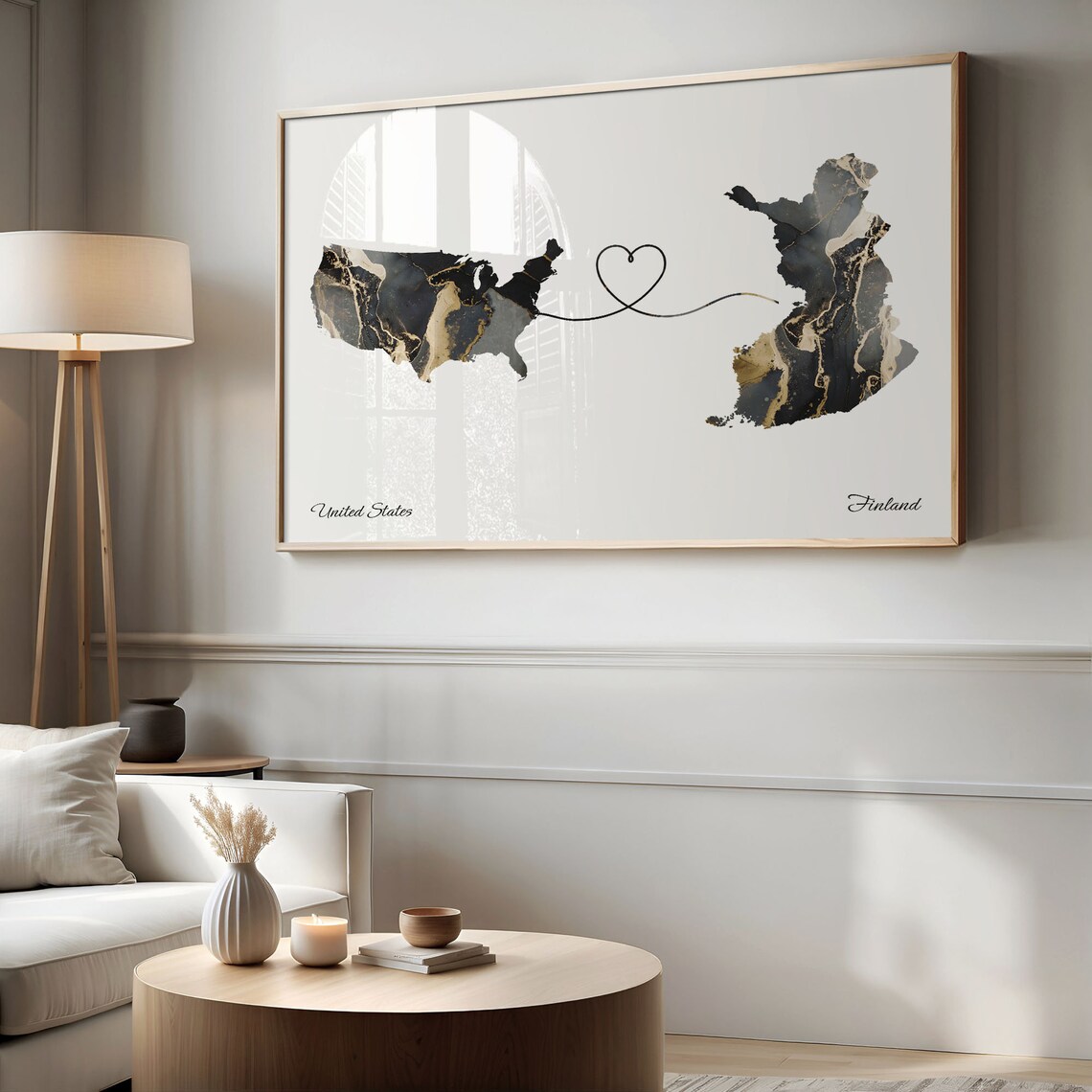United States Finland Black Gold Marble Map Art Heart Connection Poster - Image 2