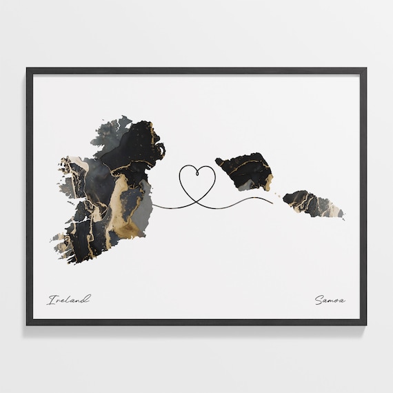 Ireland To Samoa Modern Marble Effect Two Country Heart Map Poster