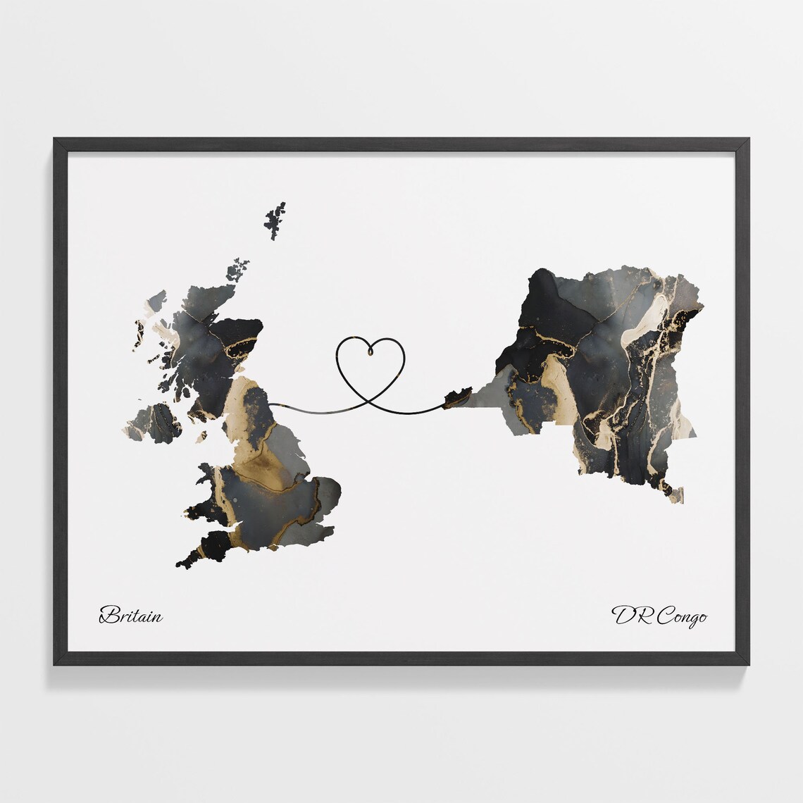 Britain to DR Congo Marble Heart Map Poster Gift for Long Distance Love