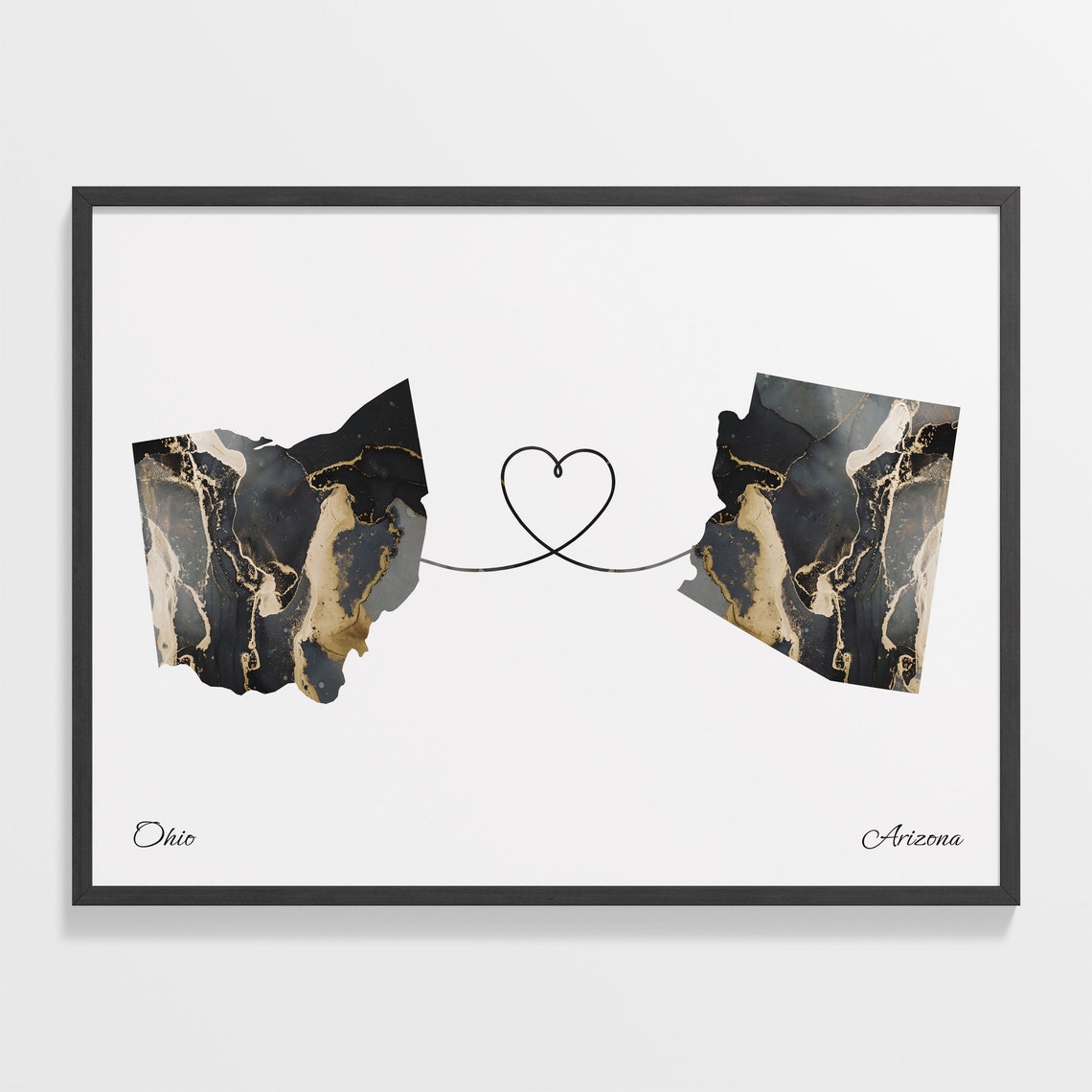 Ohio to Arizona Black Gold Marble Map Heart Connection Poster