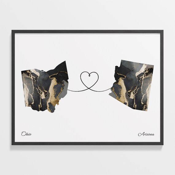 Ohio to Arizona Black Gold Marble Map Heart Connection Poster