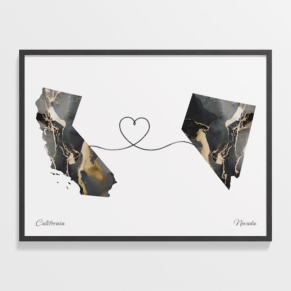 California to Nevada Black Gold Marble Map Heart Line Art Poster