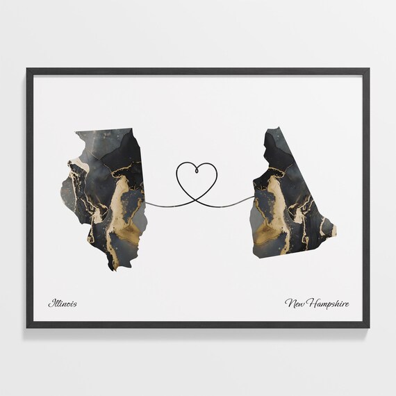 Illinois to New Hampshire Black Gold Marble Map Heart Connection Poster