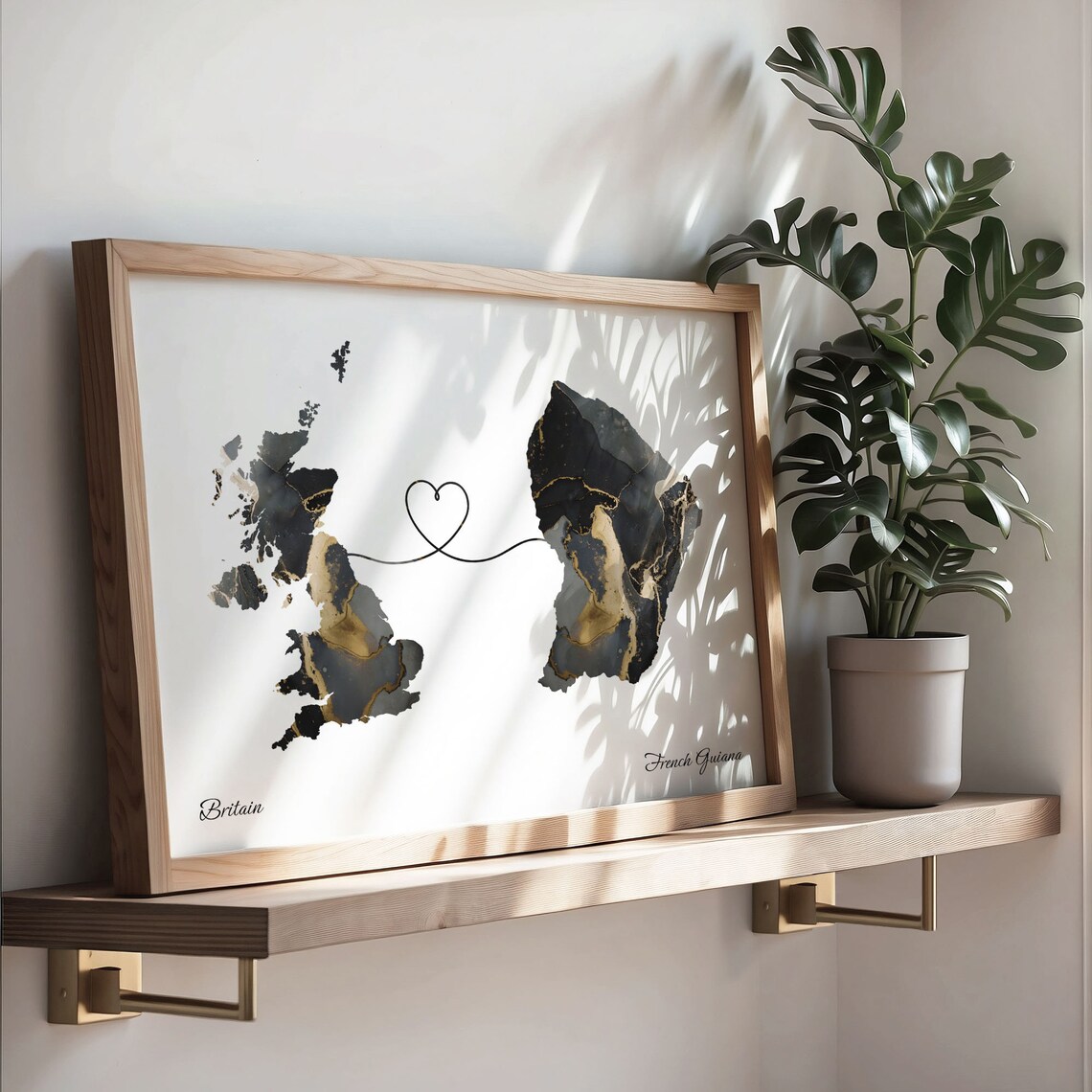 Britain to French Guiana Black Gold Marble Map Heart Line Art Poster - Image 3