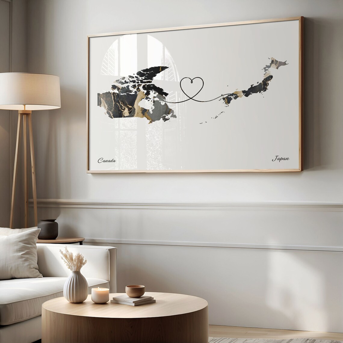 Canada To Japan Marble Map Heart Poster Long Distance Travel Love Gift - Image 2