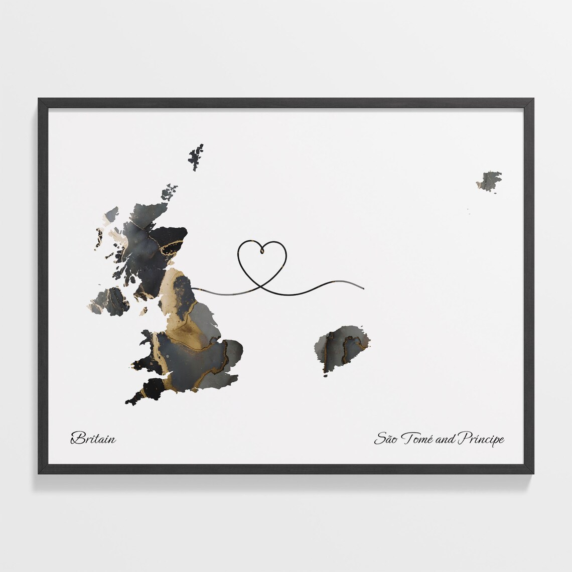 Britain and Sao Tome and Principe Black Gold Marble Two Country Love Map Poster