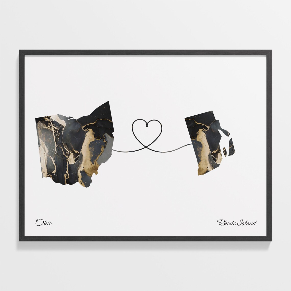 Ohio To Rhode Island Marble Map Heart Poster Long Distance Love Gift