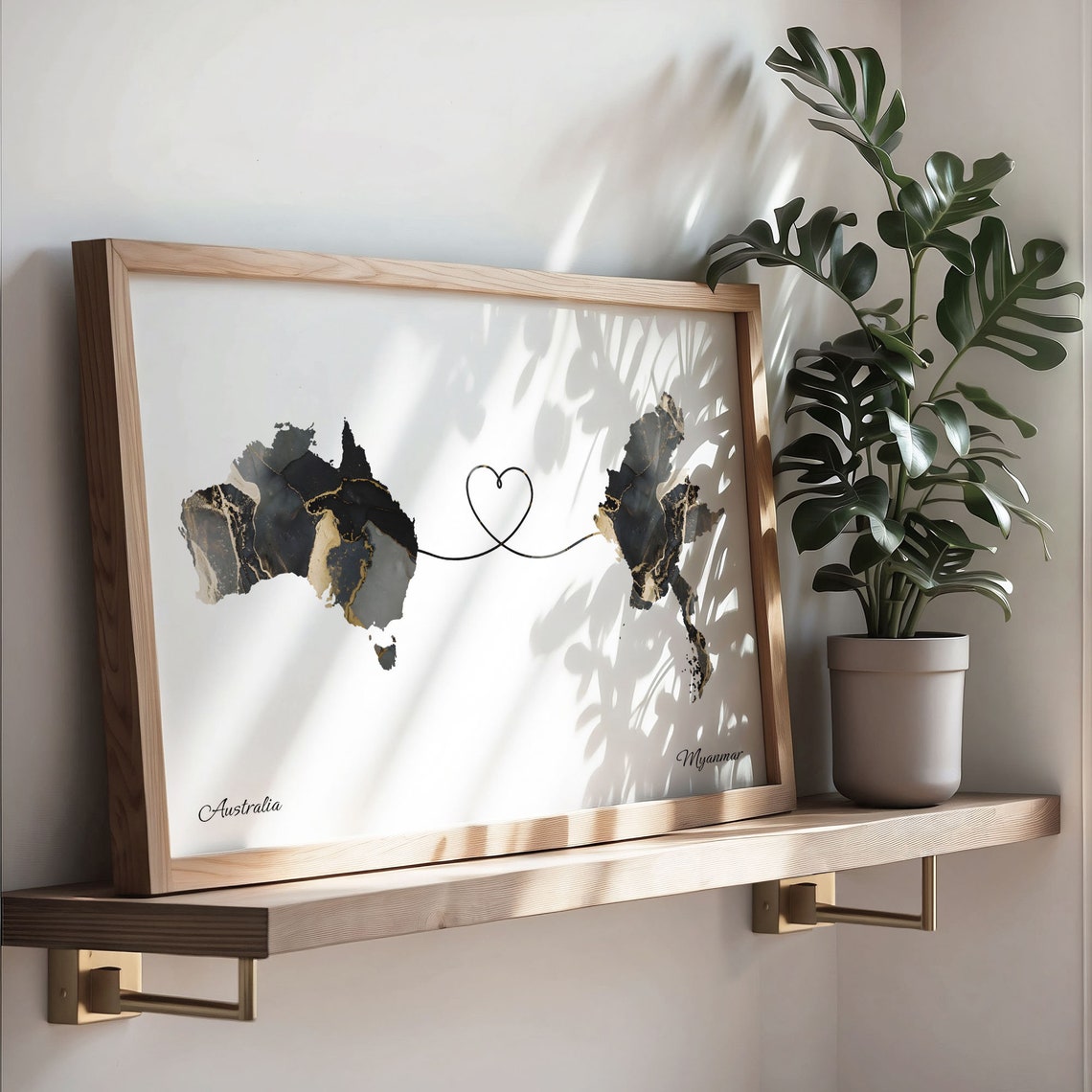 Australia and Myanmar Black Gold Marble Map Heart Connection Poster - Image 3