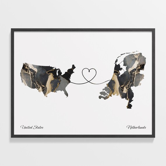 United States and Netherlands Two Countries Black Gold Marble Map Poster