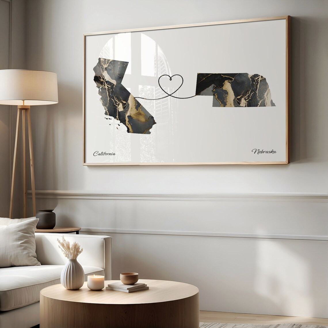 California To Nebraska Long Distance Marble Map Heart Print Art - Image 2