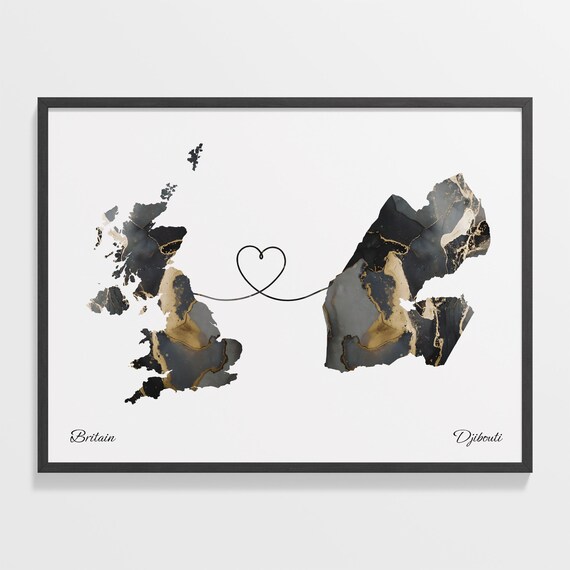Britain to Djibouti Heart Connected Long Distance Marble Map Poster