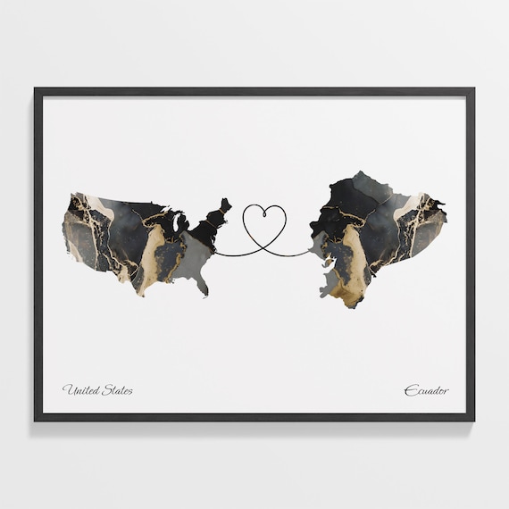 USA to Ecuador Map Poster, Marble Travel Print