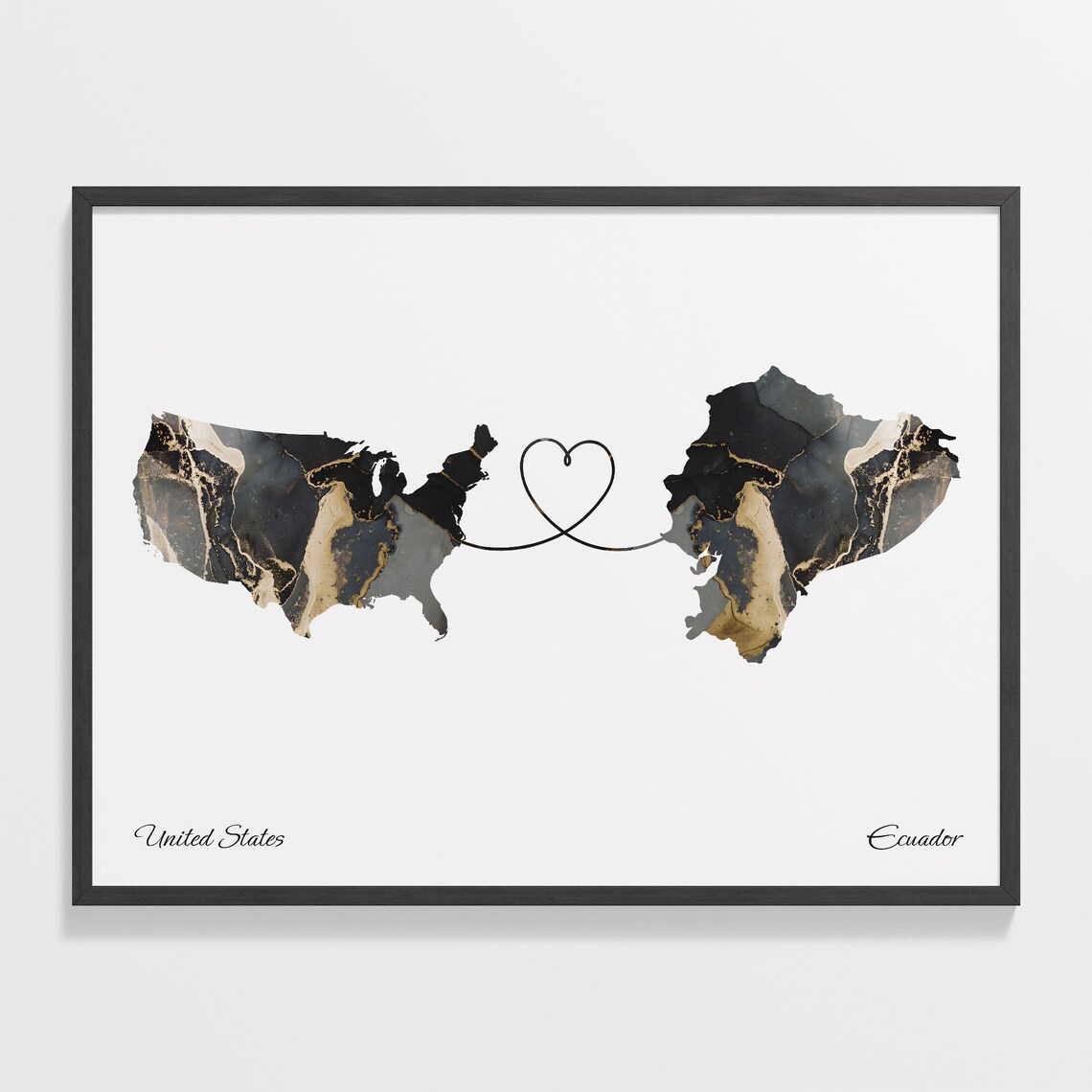 USA to Ecuador Map Poster, Marble Travel Print